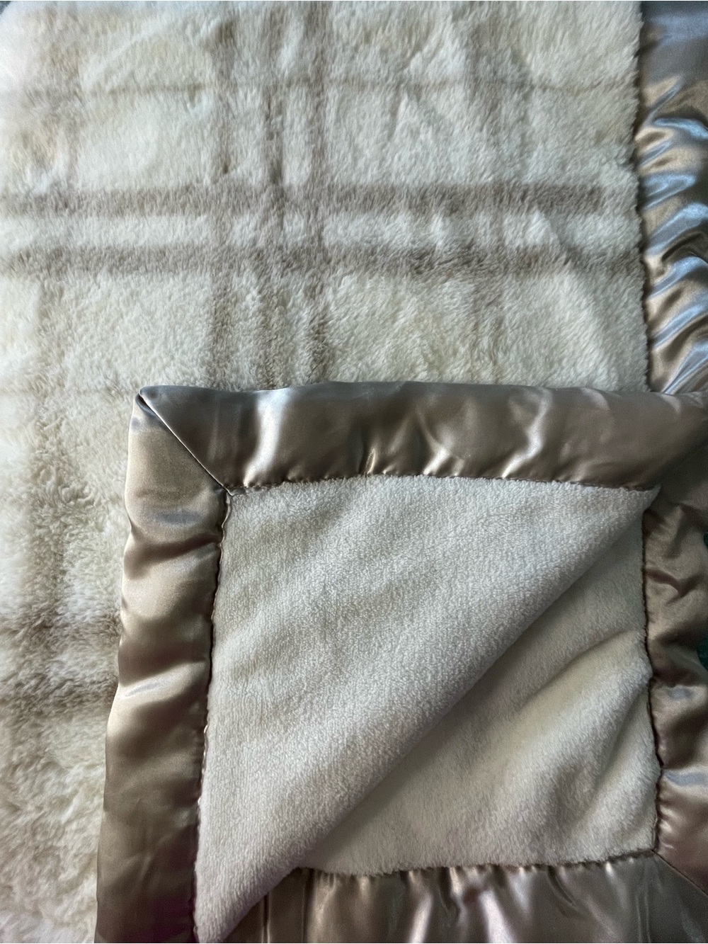 Just Born Baby Blanket Light Brown White Plaid Plush Soft Satin Trim 30X40